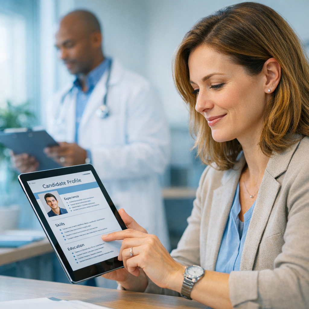 Modern illustrative photo of a recruiter reviewing a candidate profile on a tablet with a clinician in the background, pro...