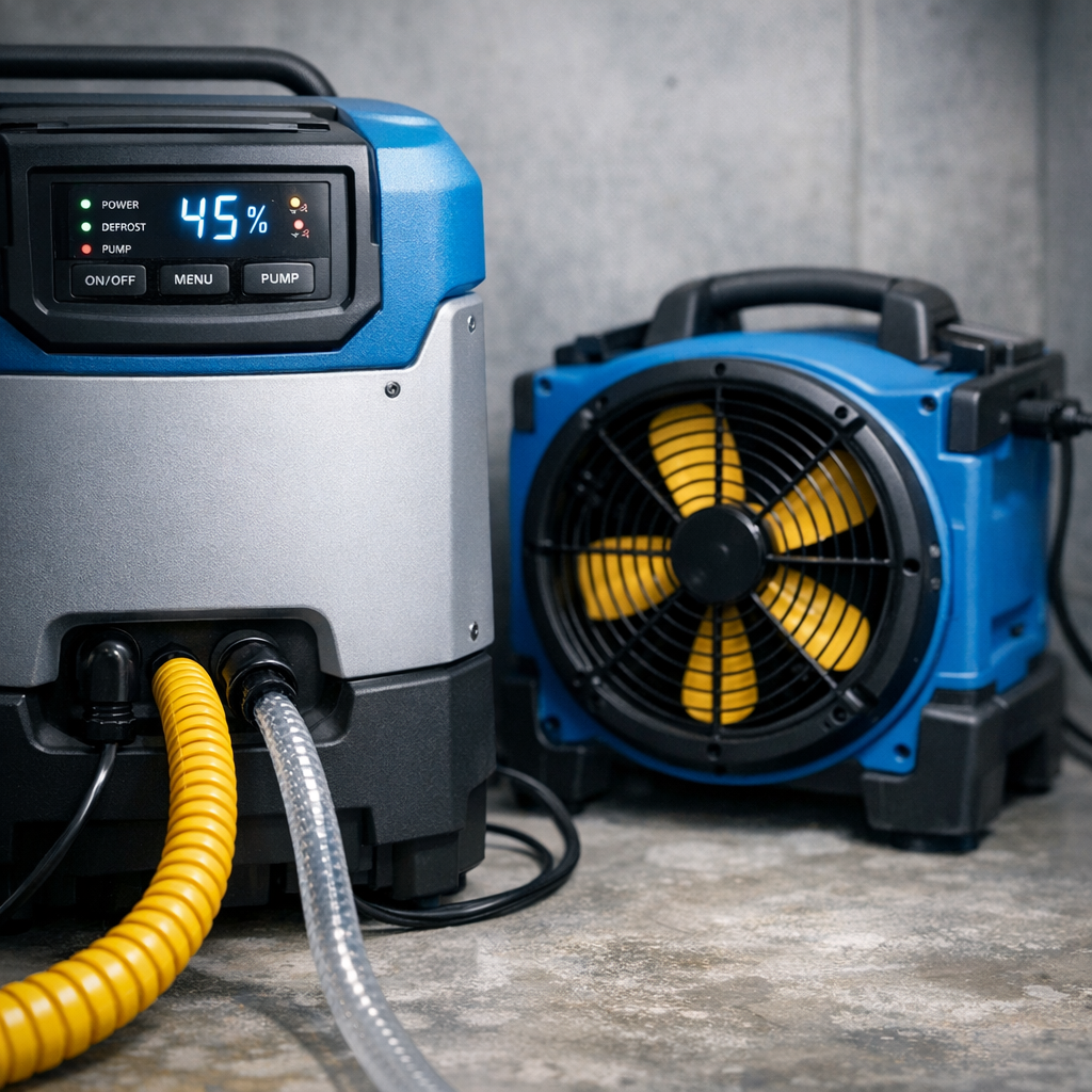 Photorealistic mid-shot of a portable high-capacity dehumidifier and axial air mover running in a basement corner, close-u...
