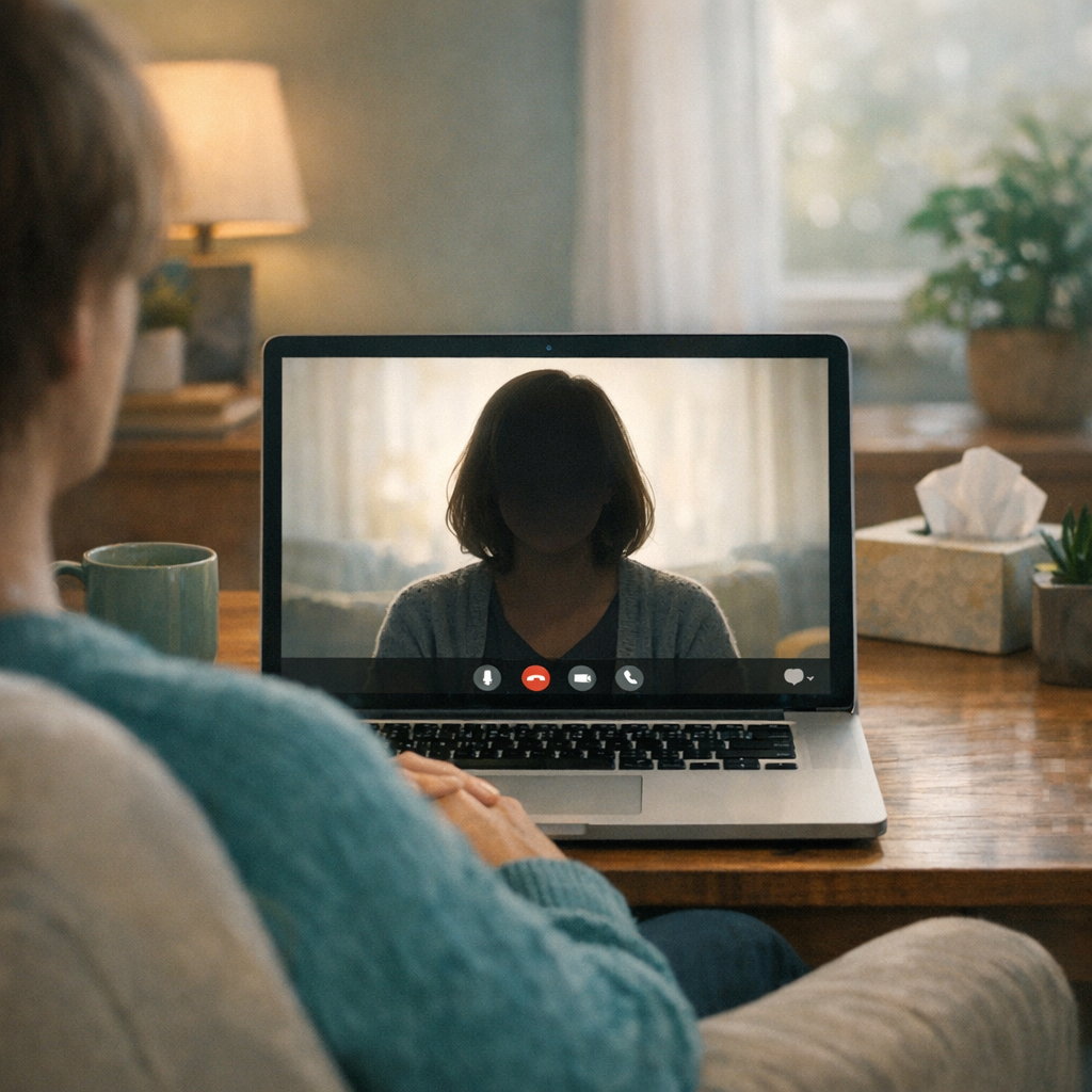 A photorealistic mid-shot of a calm, private home office where a person sits in a comfortable chair during a telehealth se...