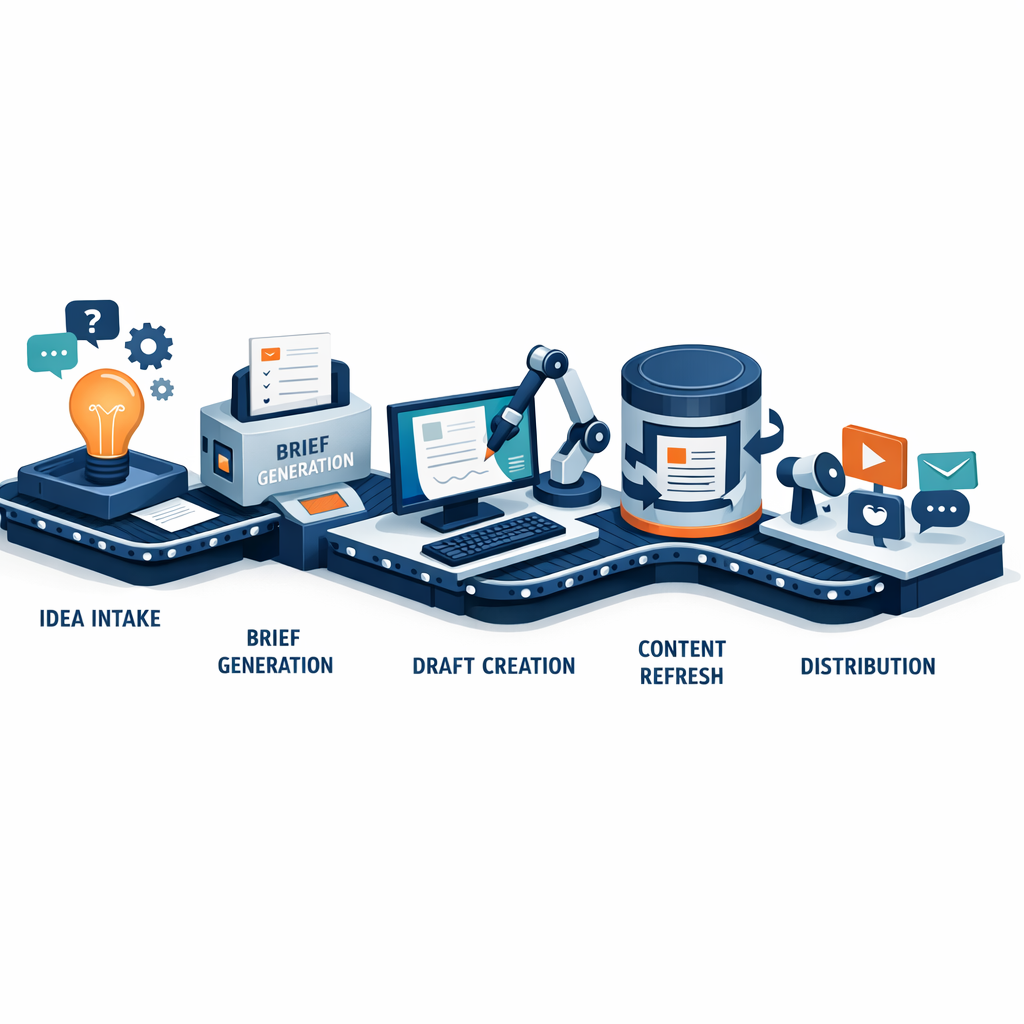 Isometric 3D illustration of an automated content pipeline: idea intake, brief generation, draft creation, content refresh...