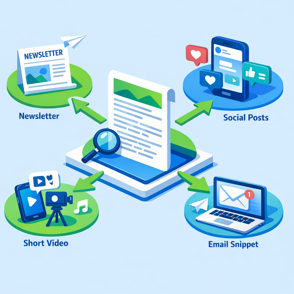 Modern isometric illustration of content repurposing workflow, showing one long blog post splitting into a newsletter, soc...
