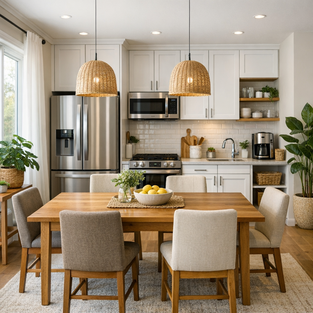 Mid-level photorealistic image of a bright, fully furnished apartment kitchen and dining area with modern appliances, cozy...