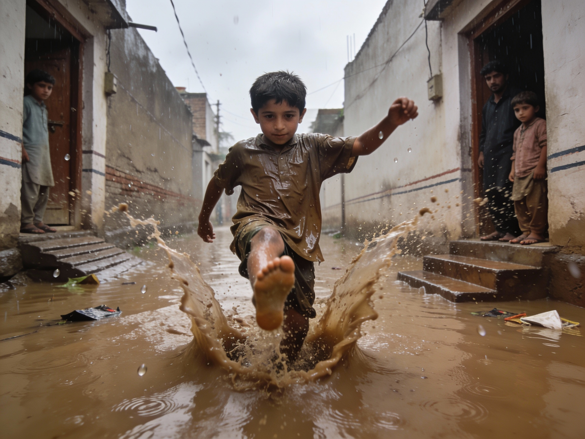 Puddle-stomping in floodwater