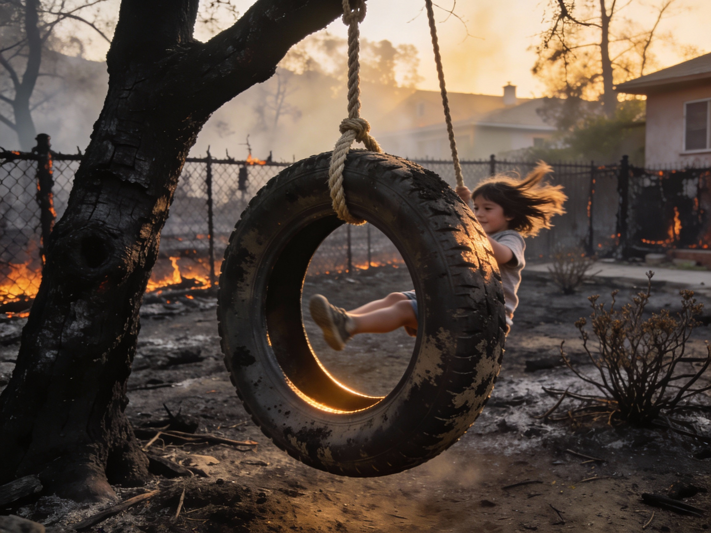 A tire swing hanging from a burned tree