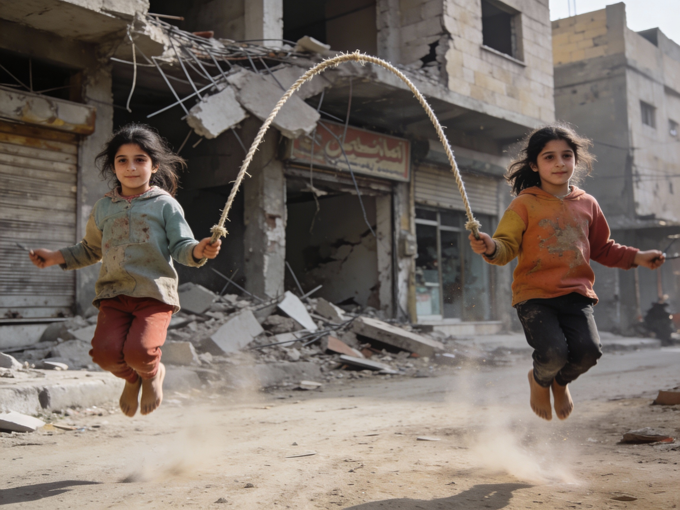 Jump-rope on a bombed-out street