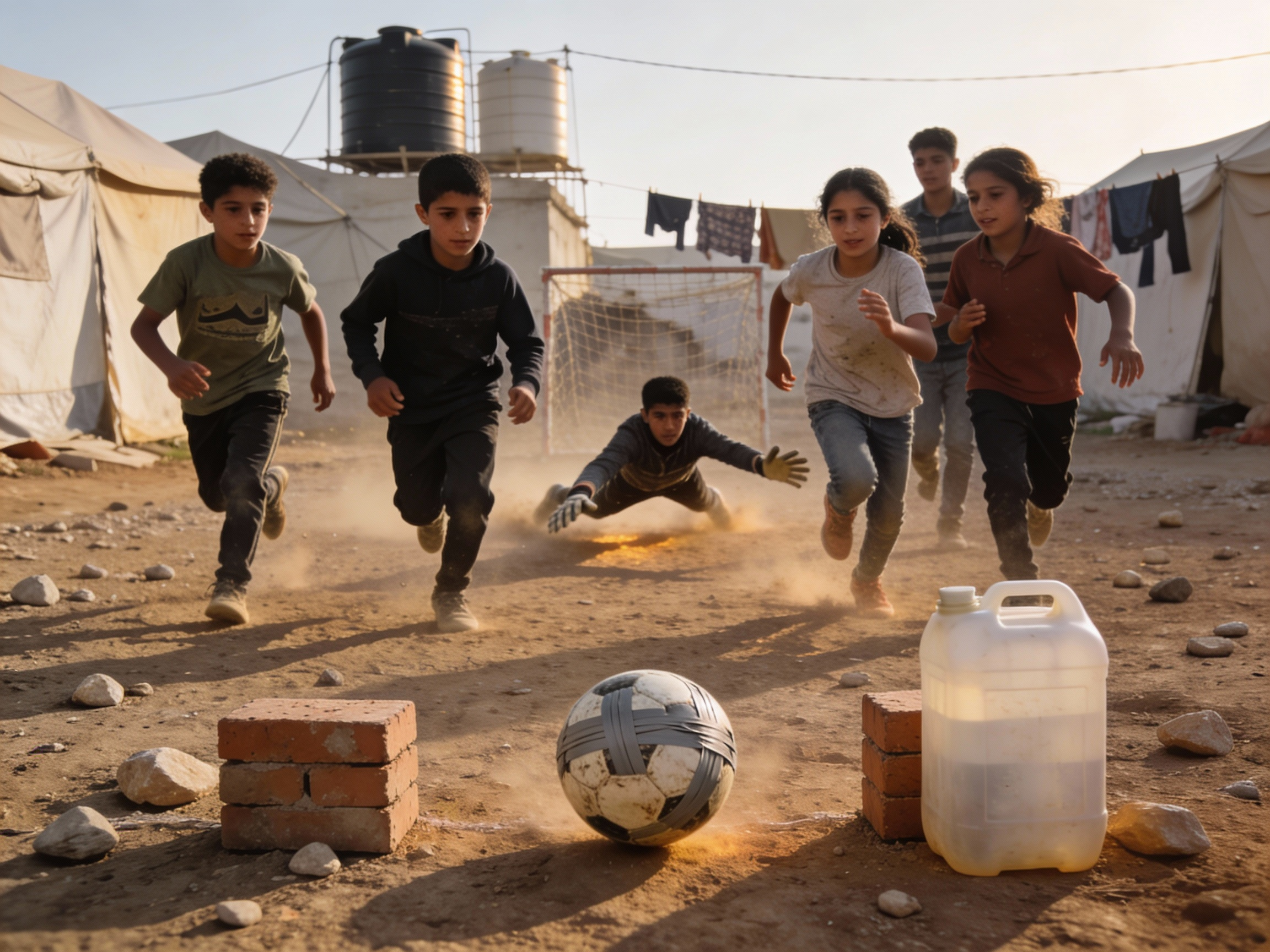 Soccer with a taped-up ball in a refugee camp