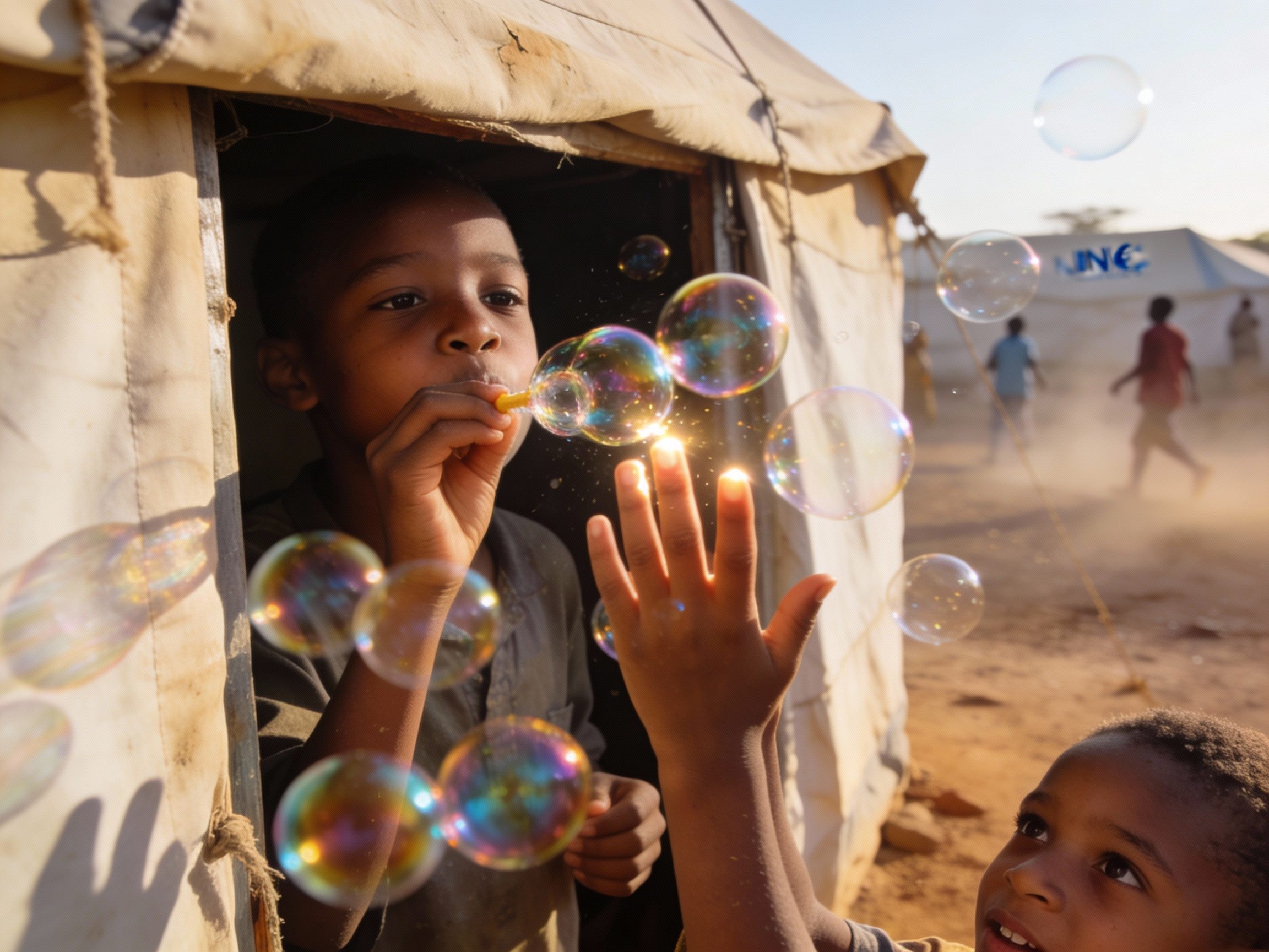 Soap-bubble storms in a tent doorway