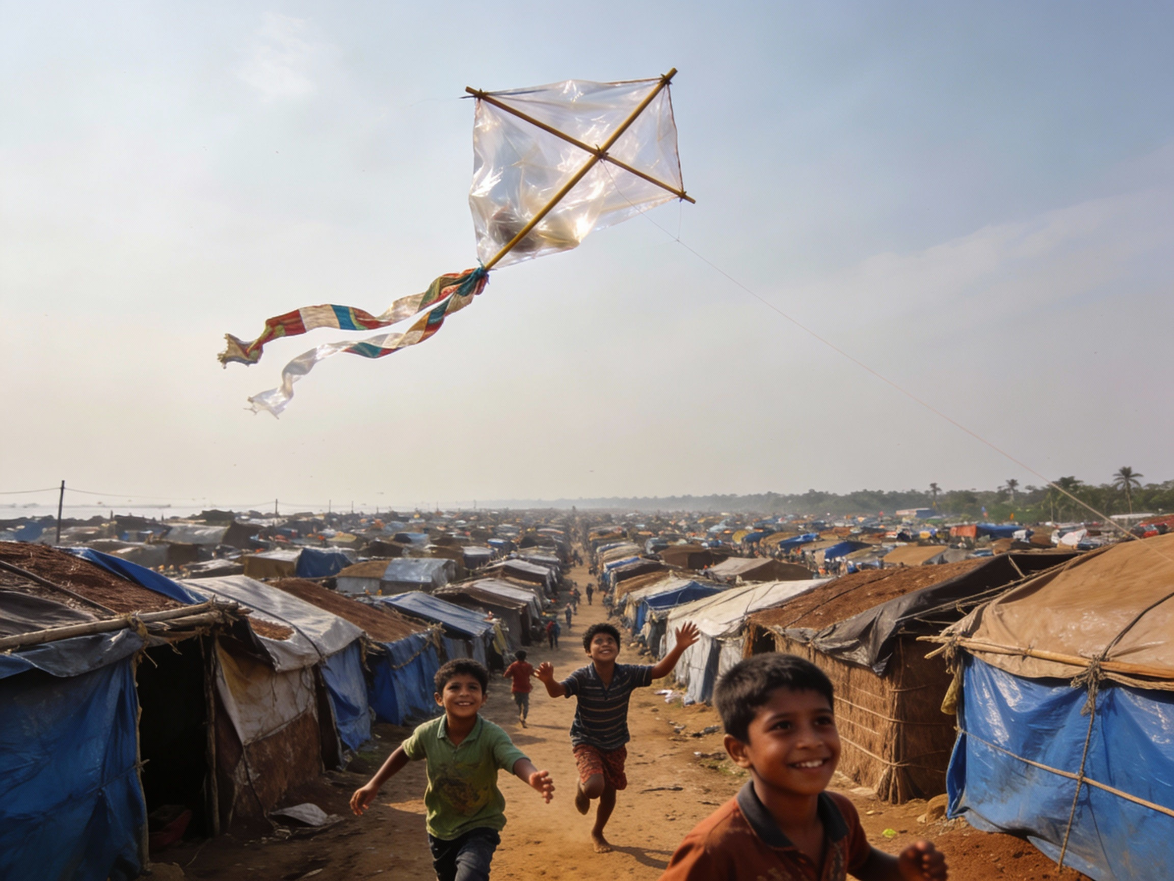 Homemade kites above a tent city