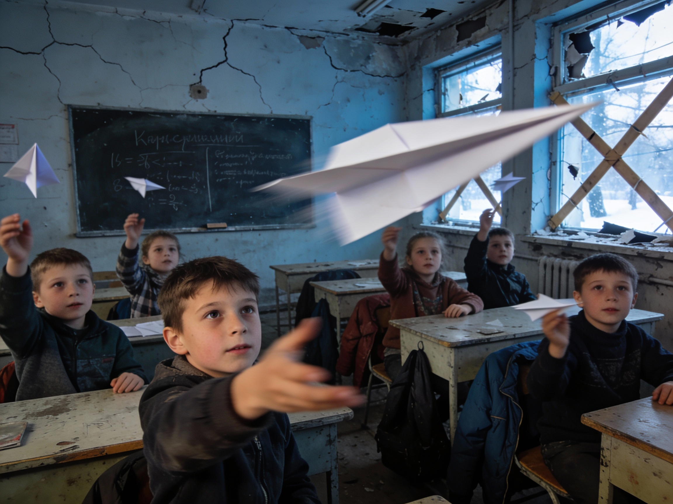Paper airplanes in a war-damaged classroom