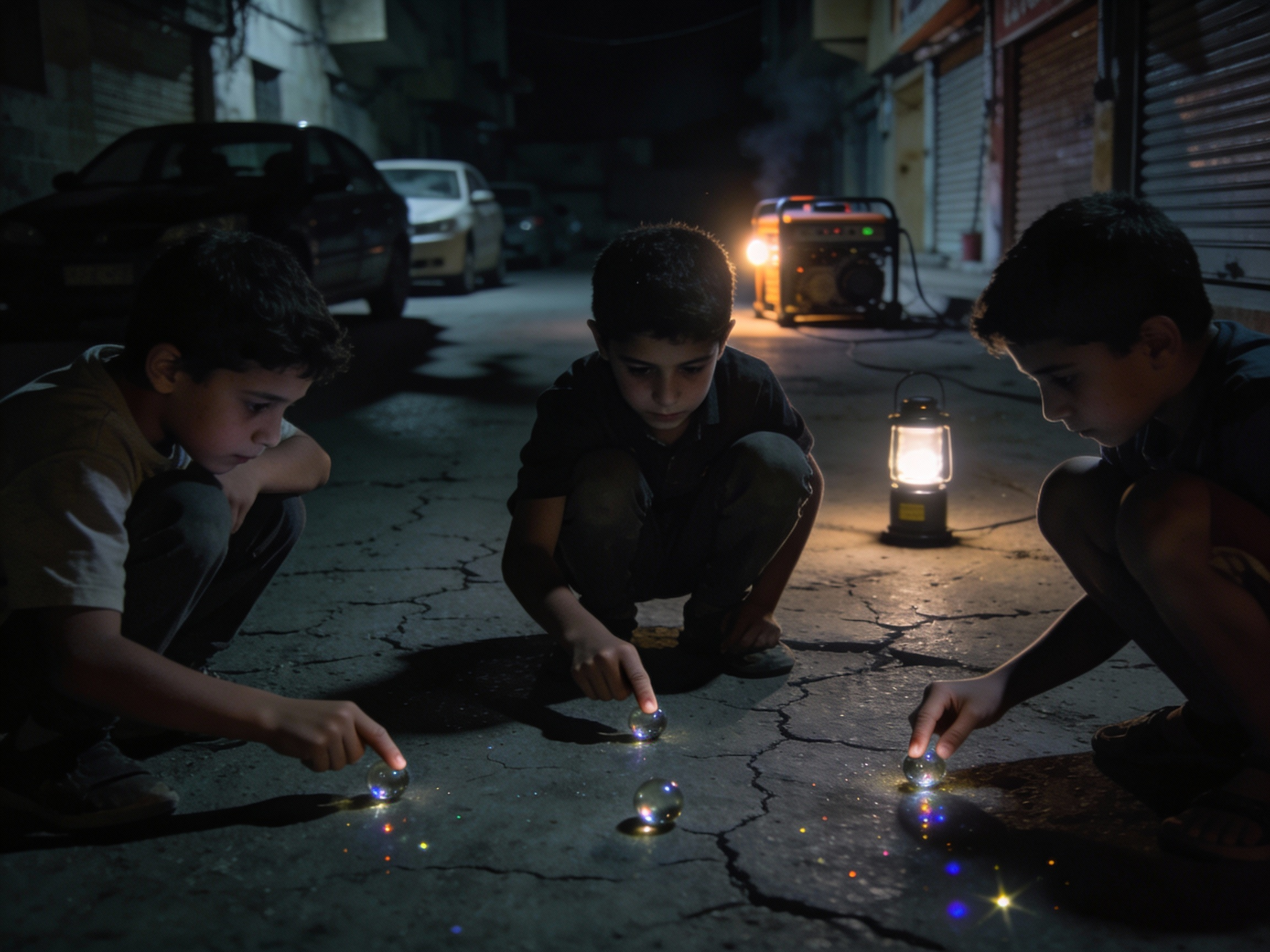 Marbles on cracked pavement during a blackout