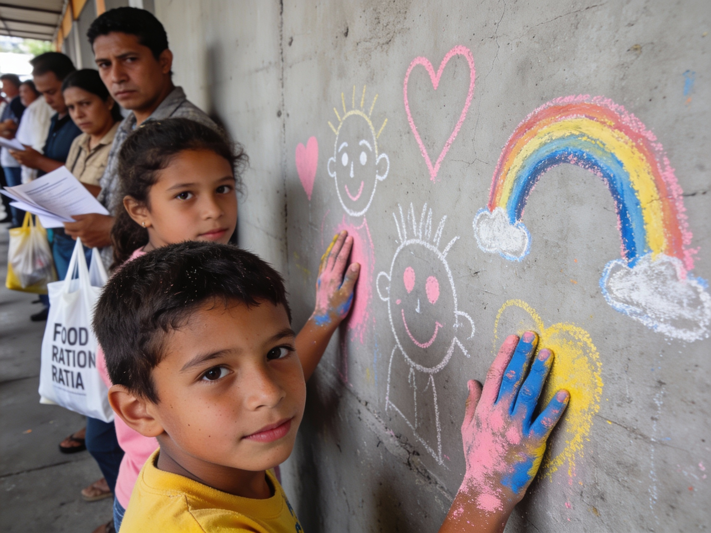 Chalk drawings on a ration line wall