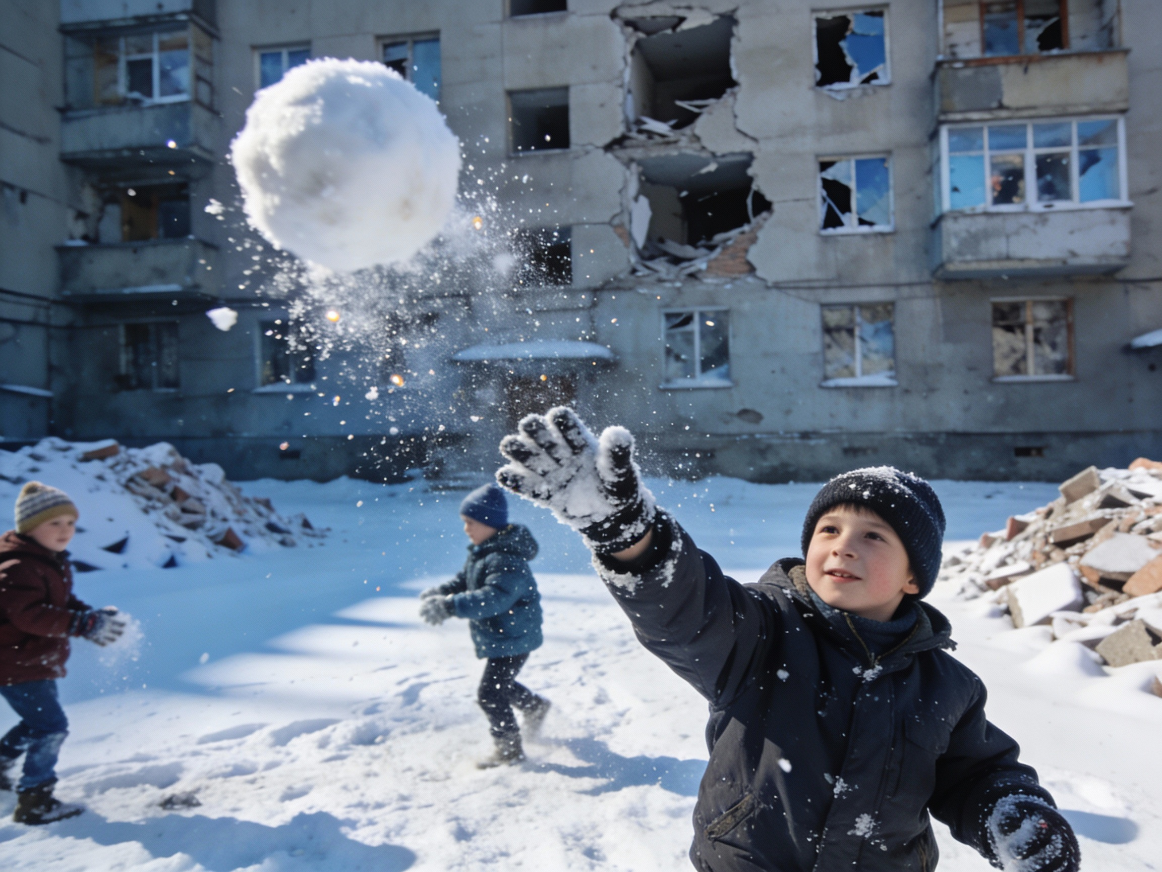 Snowball fights outside a damaged apartment block