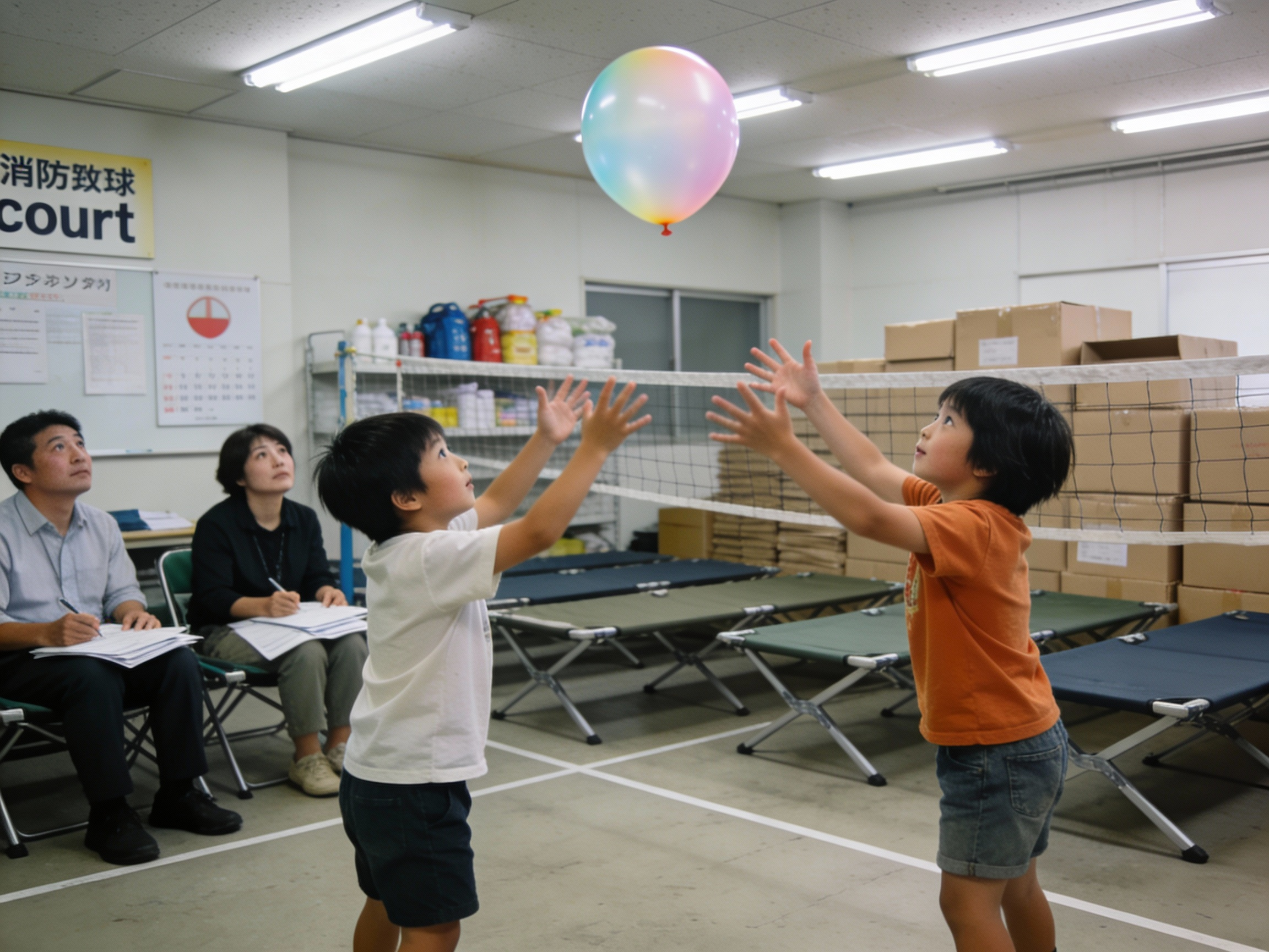 Balloon volleyball in an evacuation shelter