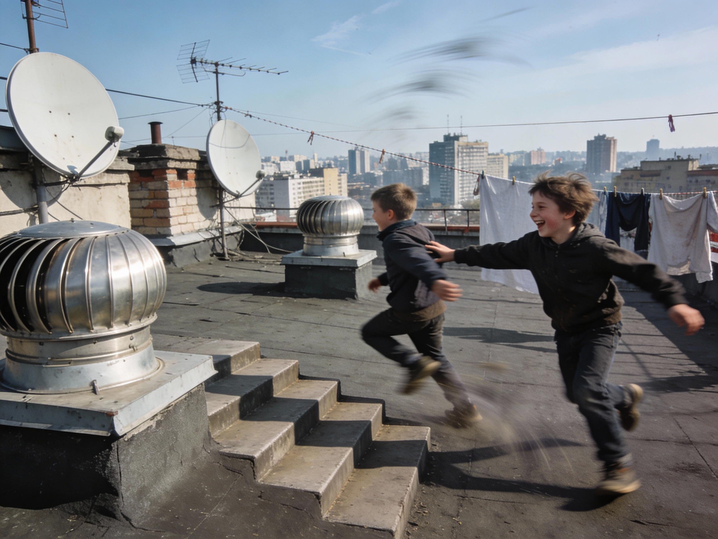 Laughing on a rooftop during an air-raid pause