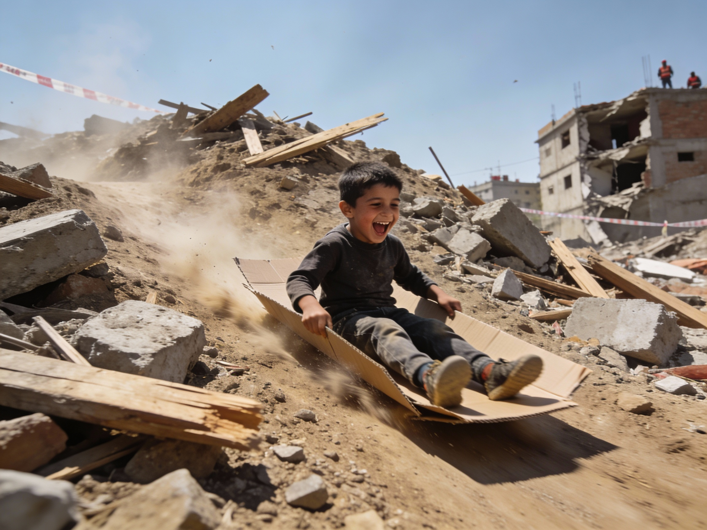 Cardboard sledding down a rubble pile