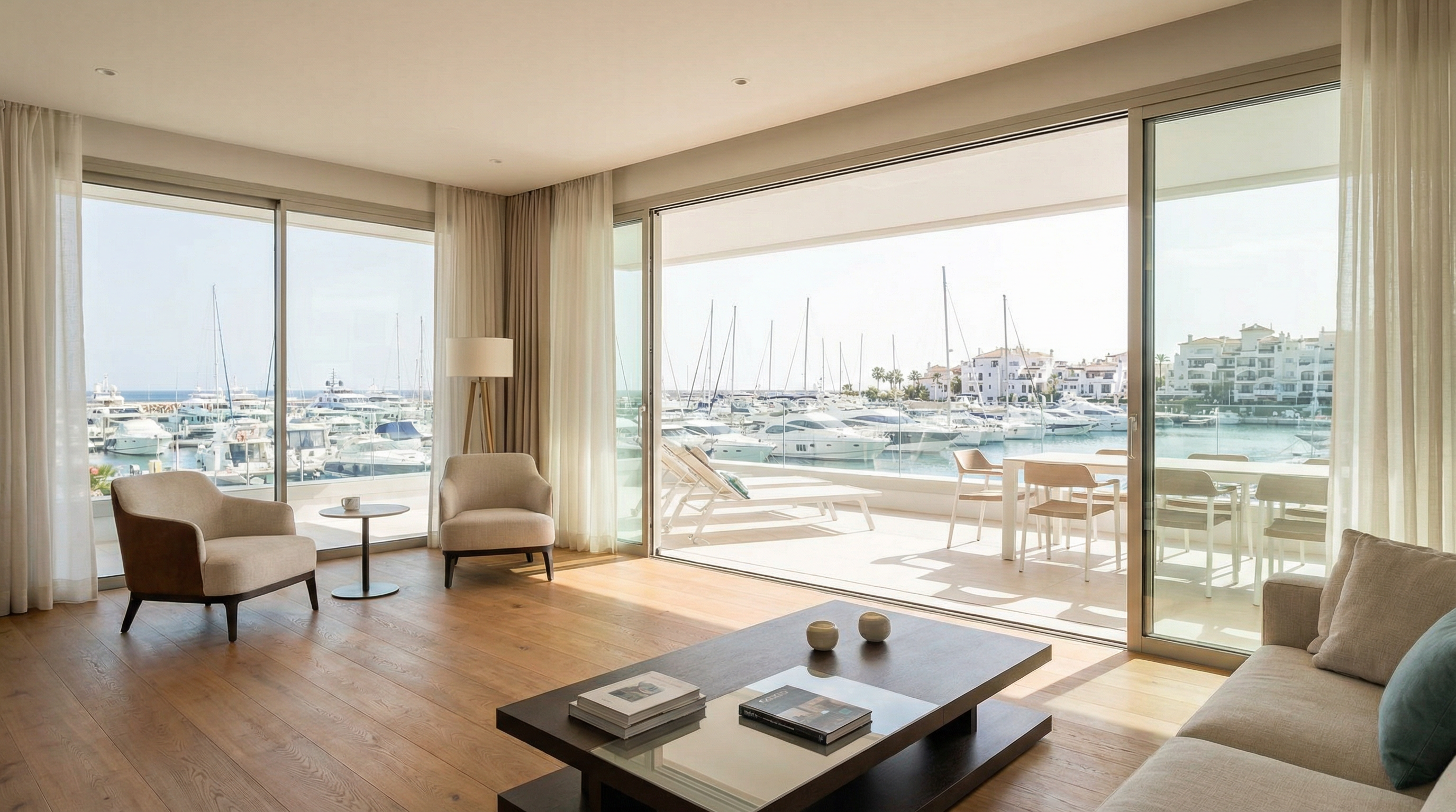 Nowoczesna willa śródziemnomorska na Costa del Sol prezentująca elegancką architekturę, bujne ogrody i spokojny taras zewnętrzny pod błękitnym niebem.