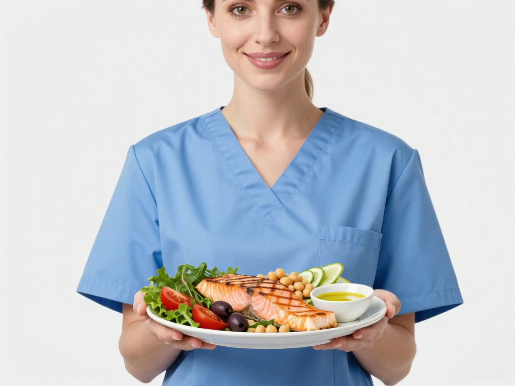Caucasian nurse showing Mediterranean-style eating for reduce inflammation
