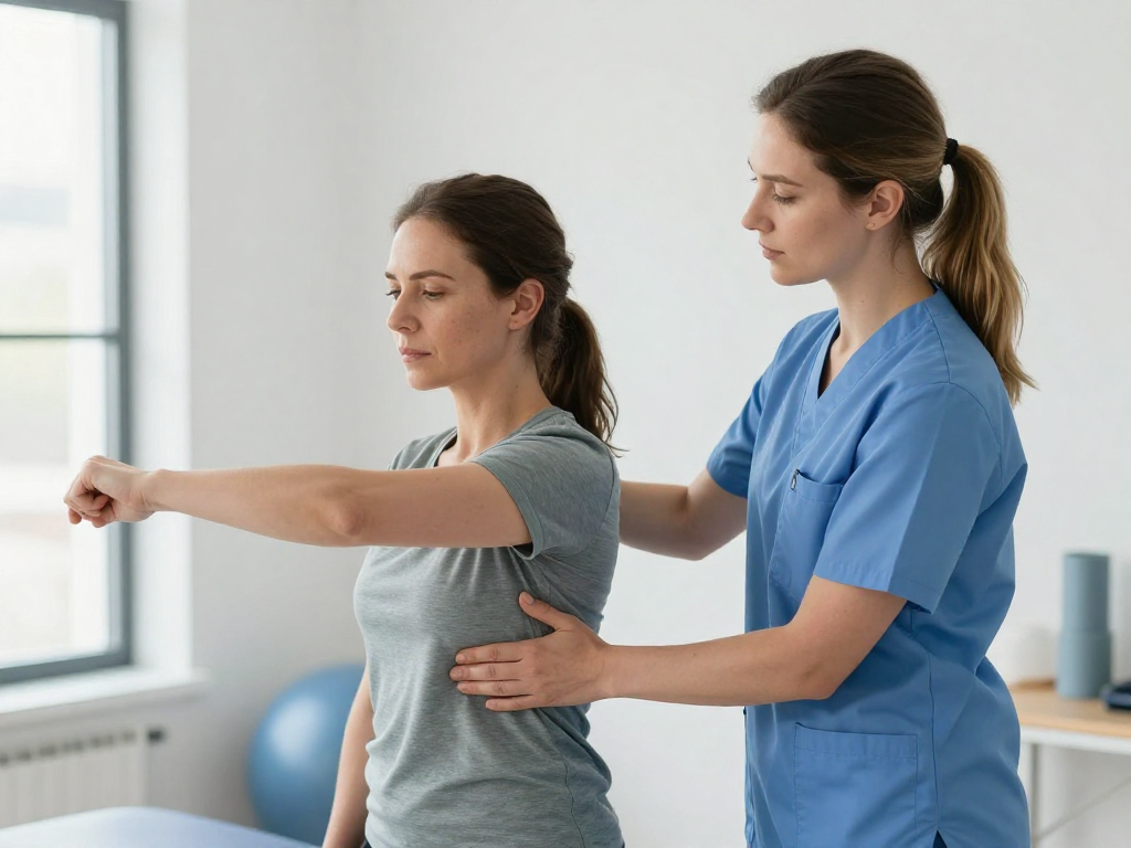 Caucasian clinician demonstrating gentle movement for inflammation and joint comfort