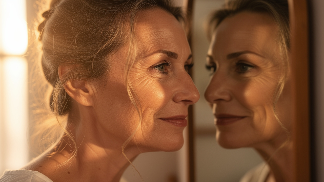 Woman examining natural aging process reflection