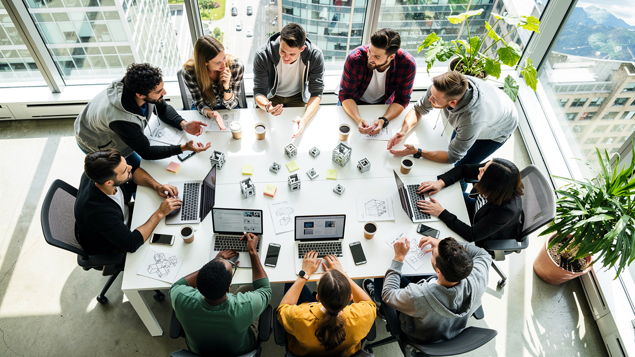 Startup team collaborating in modern office workspace