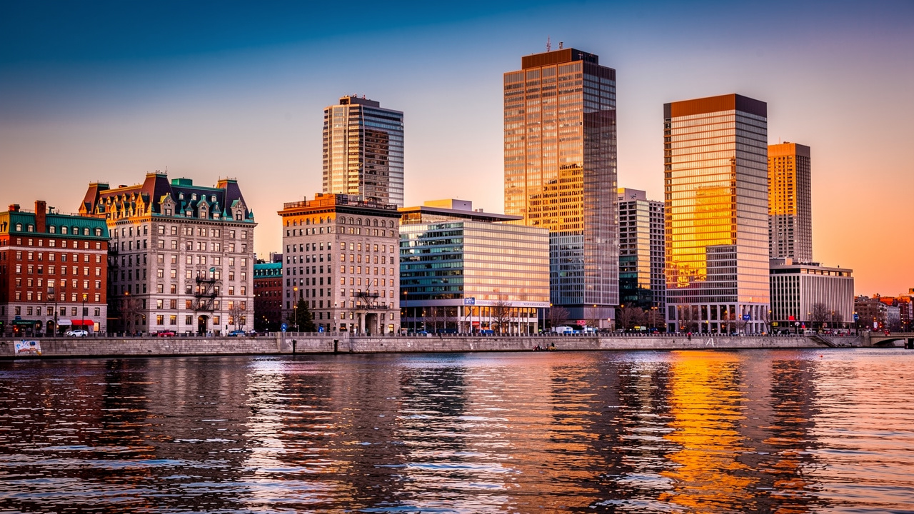 Montreal business district skyline at sunset