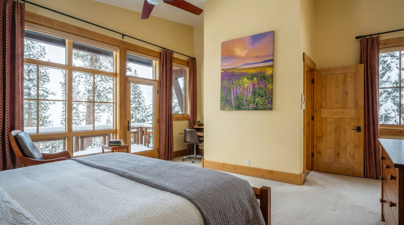 This is a primary bedroom featuring a large bed with white linens and red pillows, a ceiling fan, and a wall painting. The room has large windows offering a view of the outdoors, with wooden frames and red curtains. A wooden door and a desk area are also visible, contributing to the room's warm and inviting atmosphere.