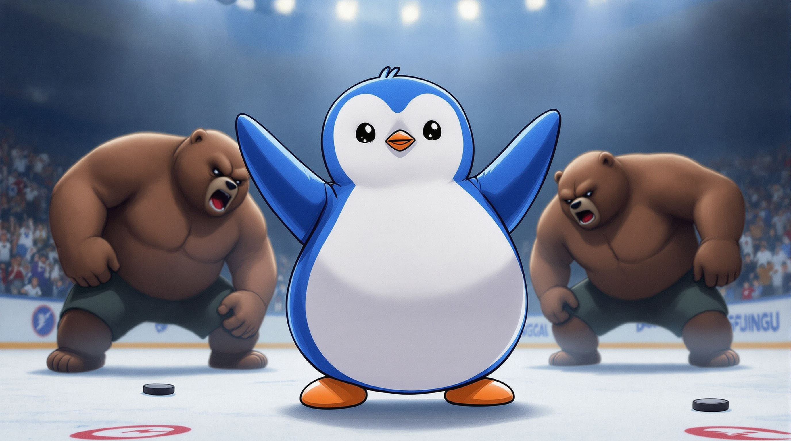 please create hyper realistic image of a group of morbidly obese penguins wearing Tampa Bay Lightning hockey sweaters glistening with sweat are hockey fighting bears