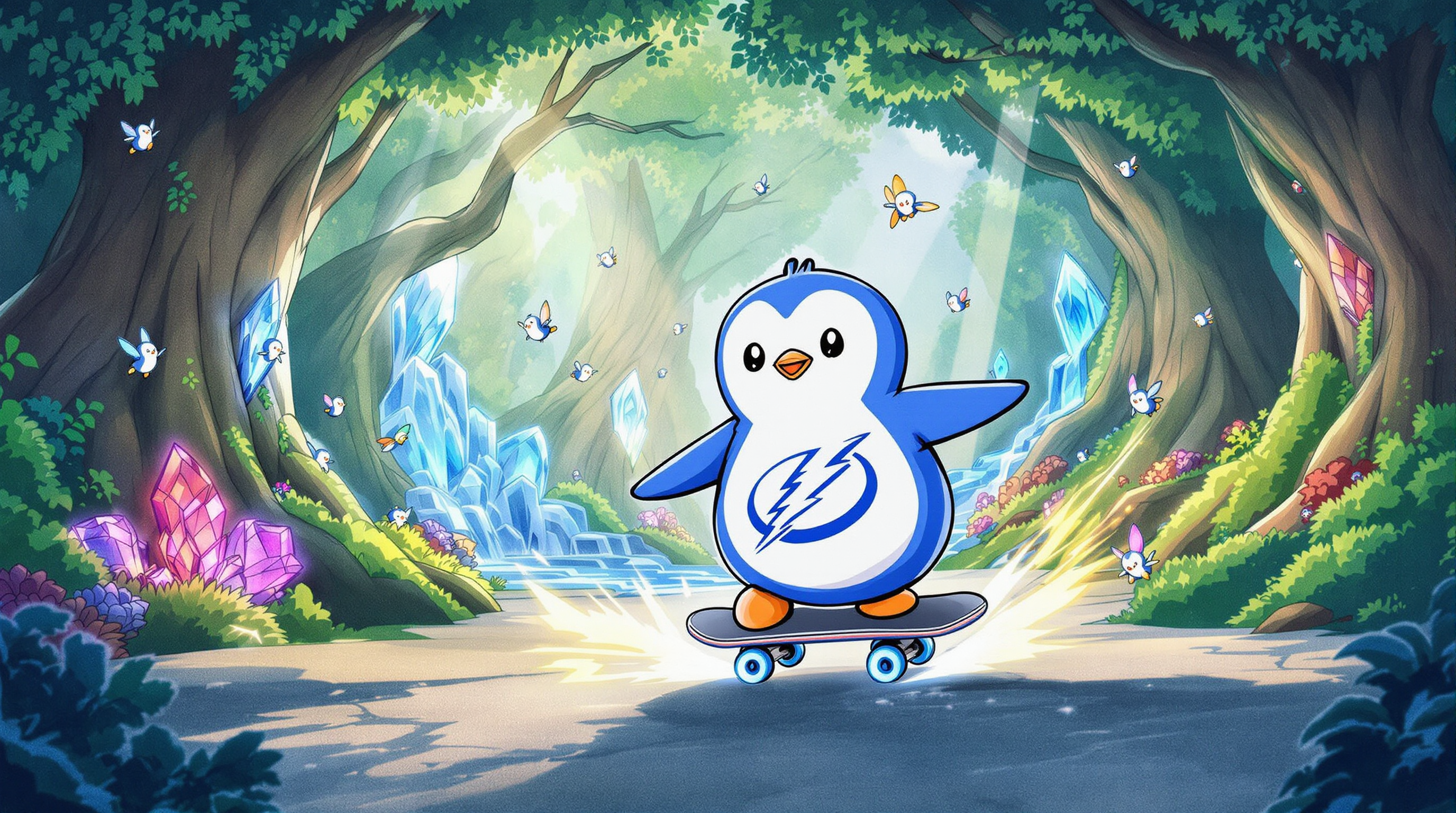 create an anime manga of a young penguin wearing clothing with the Tampa Bay Lightning logo all over is skateboarding through a magical forest full of creatures