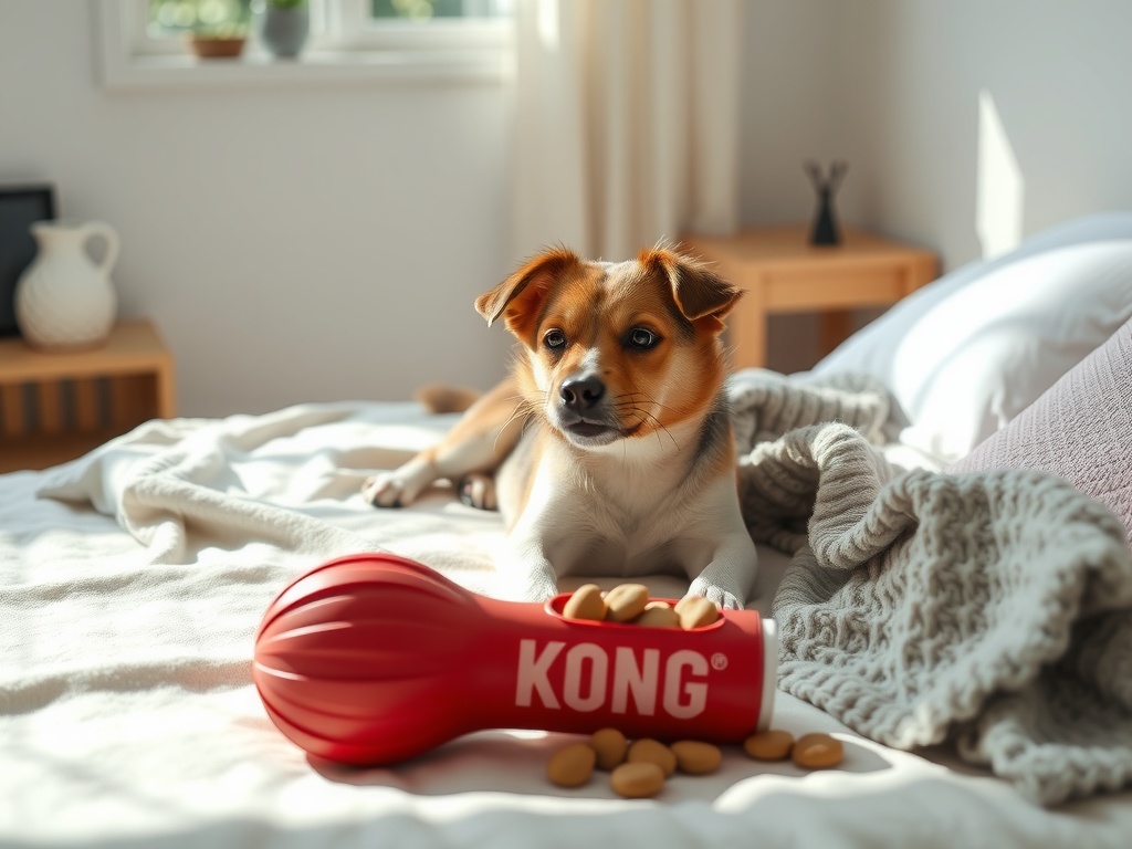 편안한 침대에서 킹 장난감으로 혼자 놀고 있는 강아지의 모습