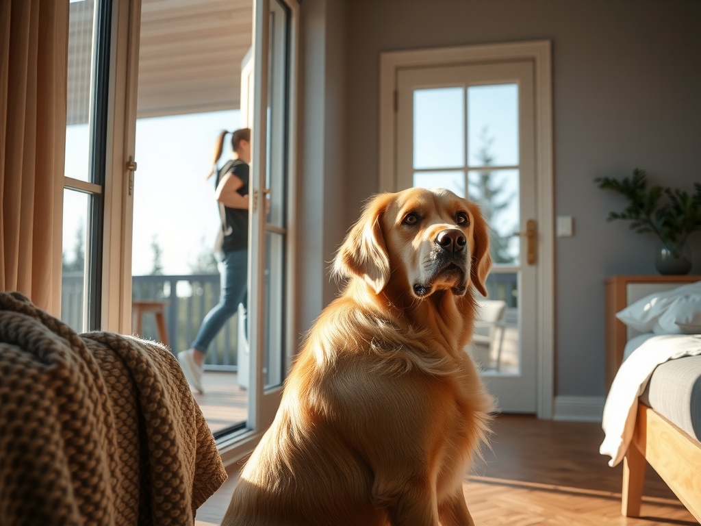 창문에서 불안해하며 밖을 보고 있는 골든 리트리버의 모습