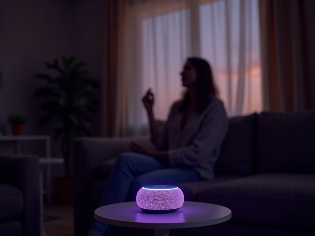 Echo Pop color lavanda en una estantería junto a libros y una planta, demostrando su diseño compacto.