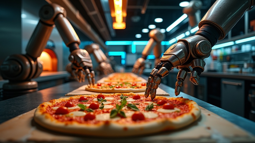 Interior de la Pazzi pizzería robótica mostrando los brazos mecánicos en acción