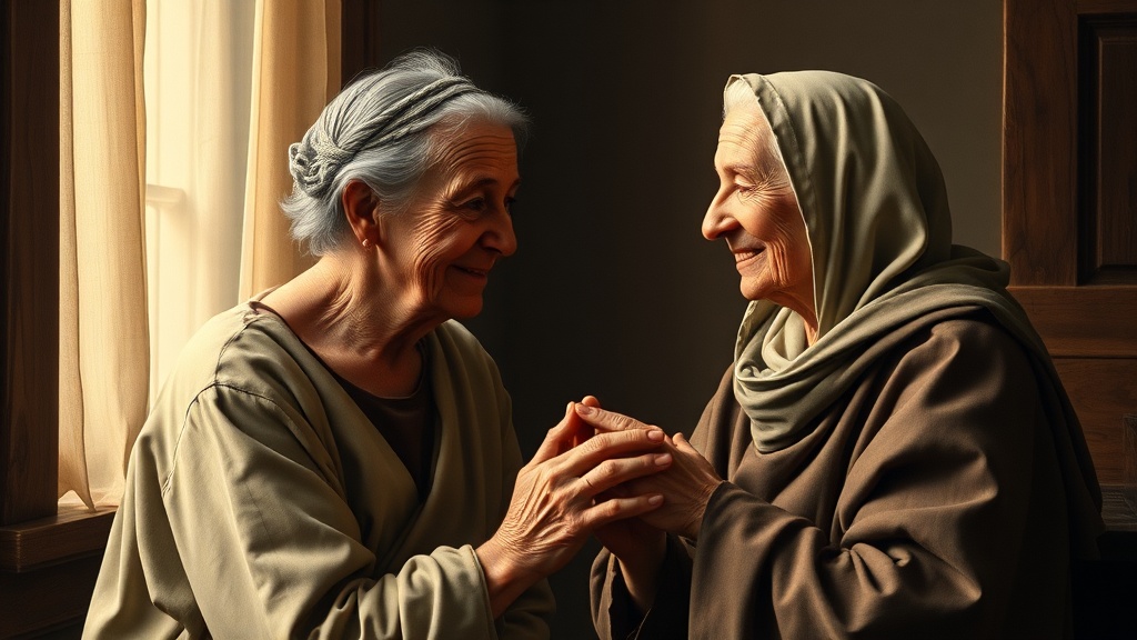 Two elderly women gently touching hands