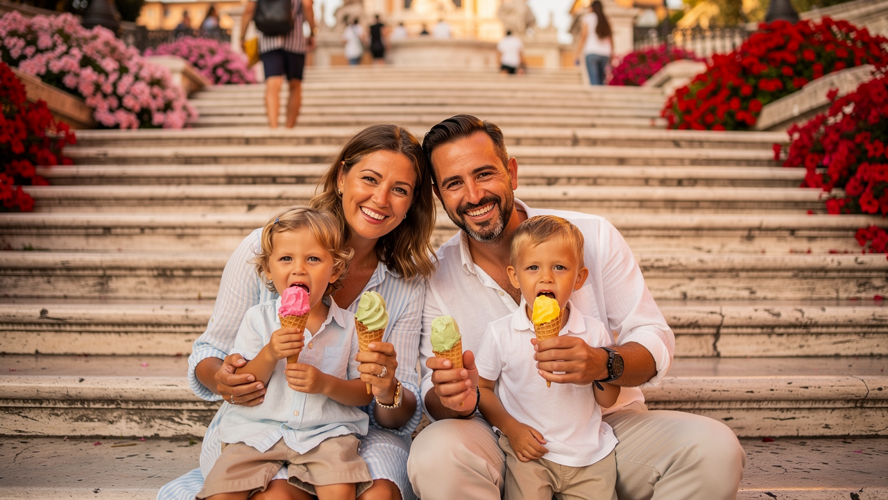 Family relaxing with gelato at Spanish Steps