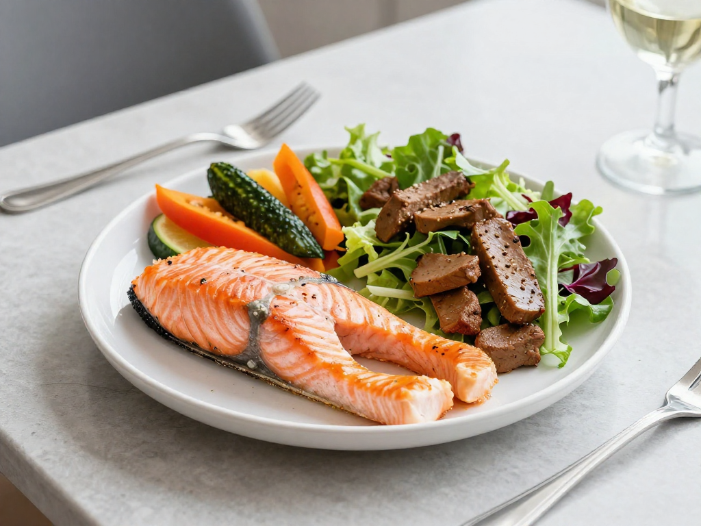 A balanced and healthy meal (e.g., salmon with colorful vegetables, a fresh salad with lean protein) on a clean, modern table setting. The focus is on nutritious food. A balanced and healthy meal (e.g., salmon with colorful vegetables, a fresh salad with lean protein) on a clean, modern table setting. The focus is on nutritious food.