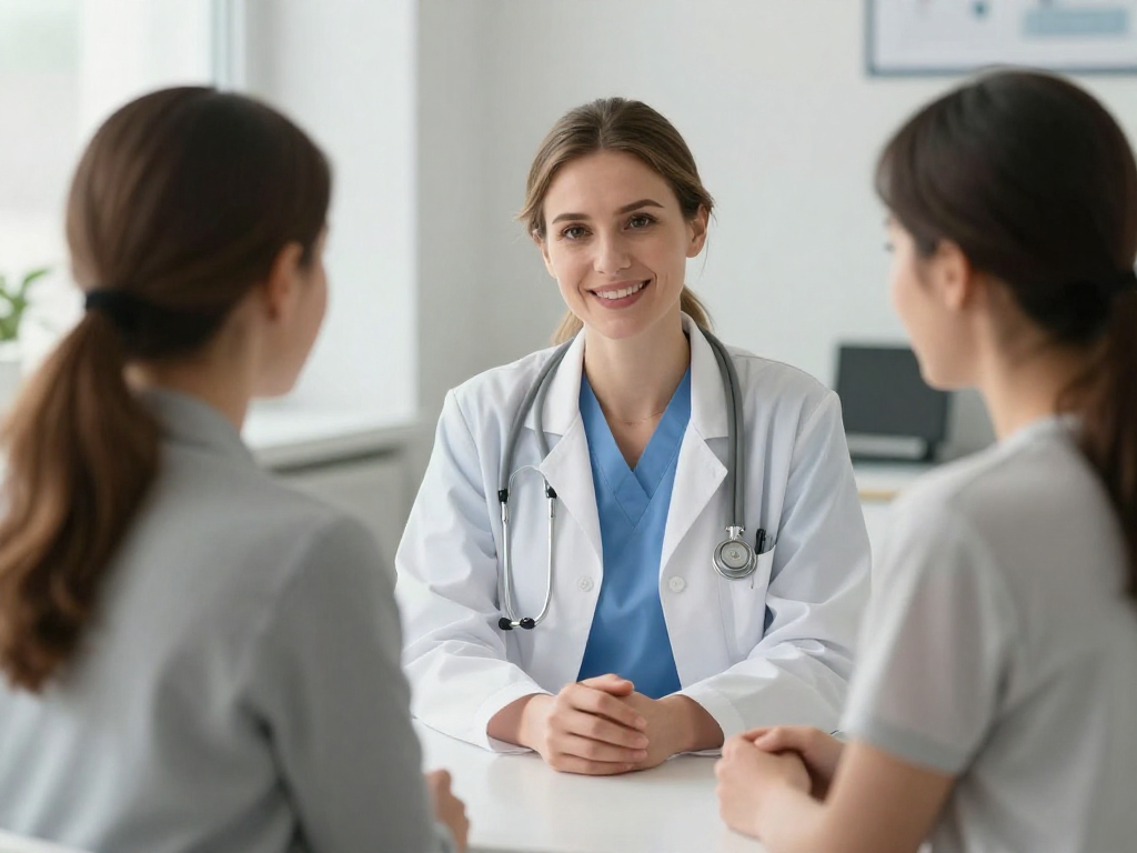 Caucasian female doctor or nurse speaking warmly to a Caucasian female patient in a modern, calm clinic setting. They are discussing health, both smiling slightly. The setting should feel welcoming and professional. Soft, natural lighting. Caucasian female doctor or nurse speaking warmly to a Caucasian female patient in a modern, calm clinic setting. They are discussing health, both smiling slightly. The setting should feel welcoming and professional. Soft, natural lighting.