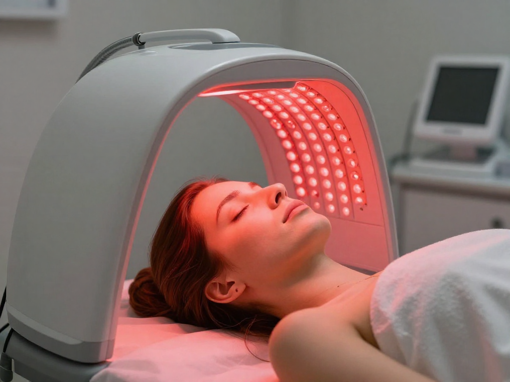 A Caucasian woman comfortably relaxing under a red light therapy device, perhaps covering her face or body. The setting should be calming and professional, suggesting a wellness clinic. The light should be subtly depicted, not overwhelming. A Caucasian woman comfortably relaxing under a red light therapy device, perhaps covering her face or body. The setting should be calming and professional, suggesting a wellness clinic. The light should be subtly depicted, not overwhelming.