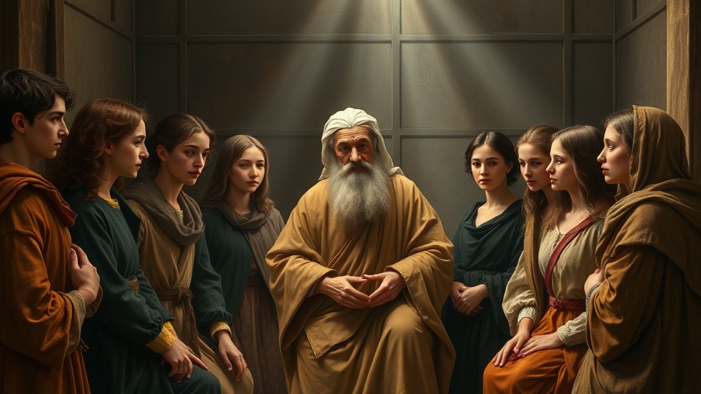 Allegorical mentoring scene for journey and vision