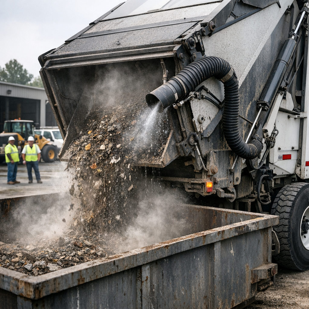 Photorealistic mid-body shot of a sweeper hopper being emptied at a centralized dump site in a Georgia county maintenance ...