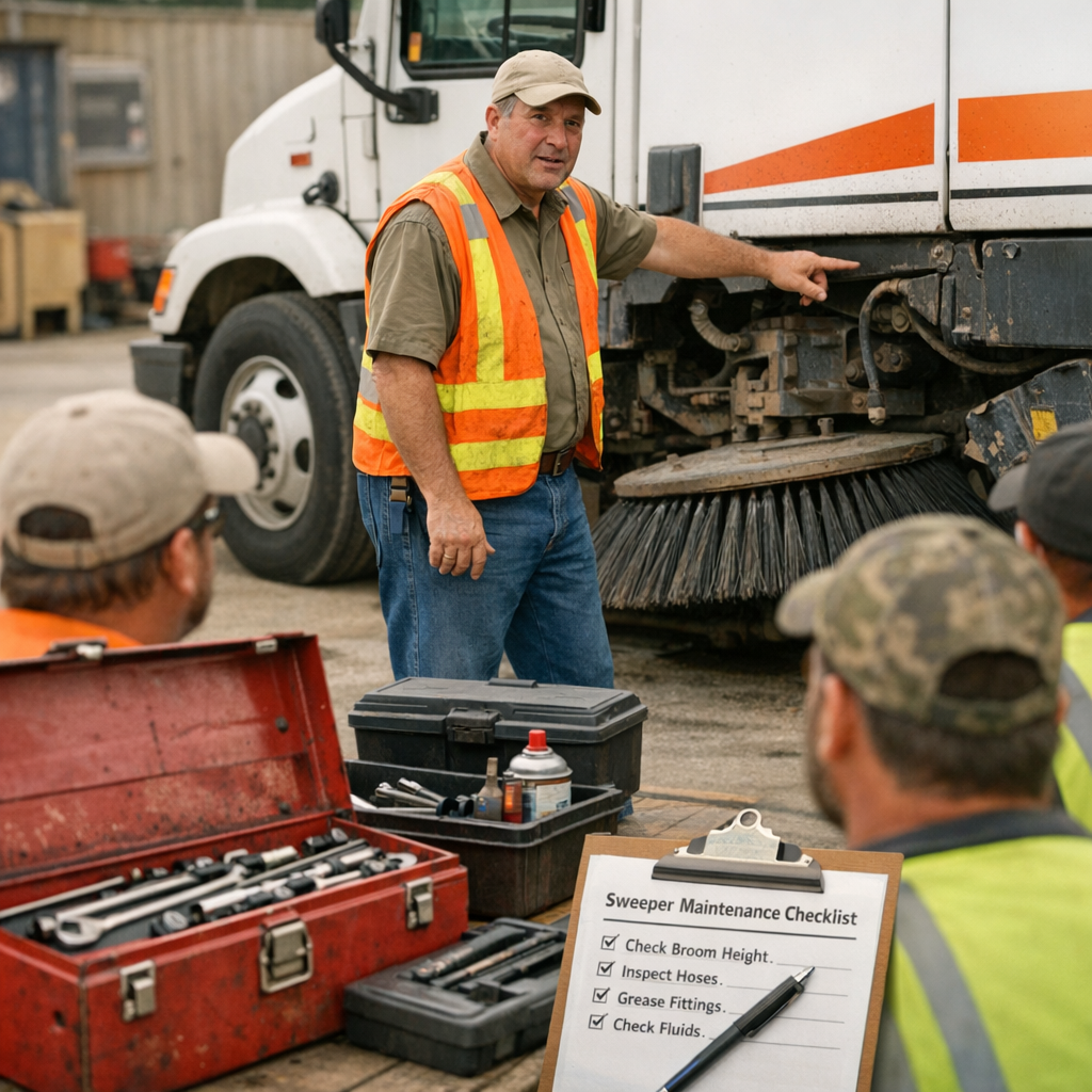 Photorealistic mid-article photo showing a training session in a Georgia public works yard, instructor beside a parked swe...