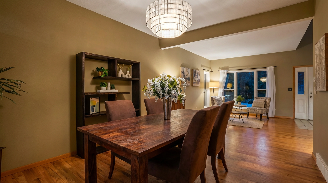 This is an interior shot of a dining room featuring a wooden dining table with four upholstered chairs. A decorative flower arrangement sits on the table. A dark wood bookshelf is against the wall, and a modern chandelier hangs above the table. The room opens into a living area with natural light coming through a large window.
