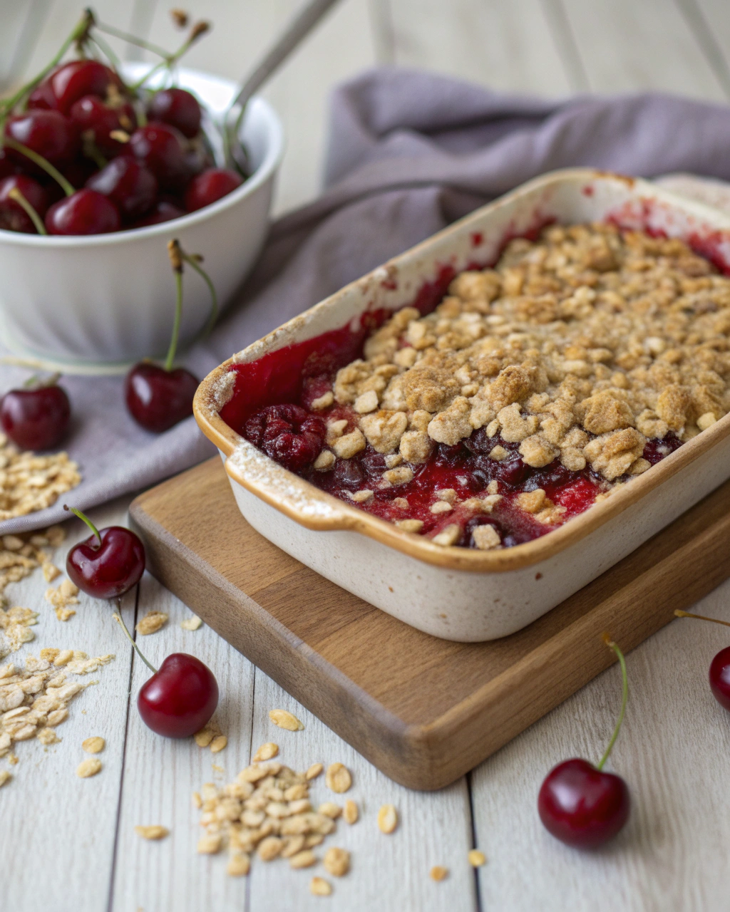 Cherry crumble ingredients laid out on a wooden cutting board including butter, flour, oats, brown sugar, salt, and cherry pie filling