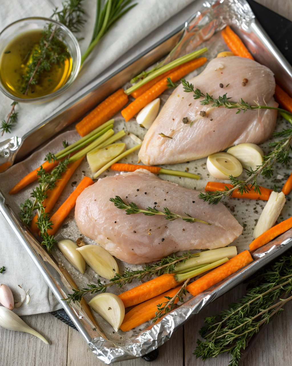 Fresh ingredients for Dinner Tonight Garlic-Roasted Chicken with Carrots and Parsnips Recipe arranged on marble surface