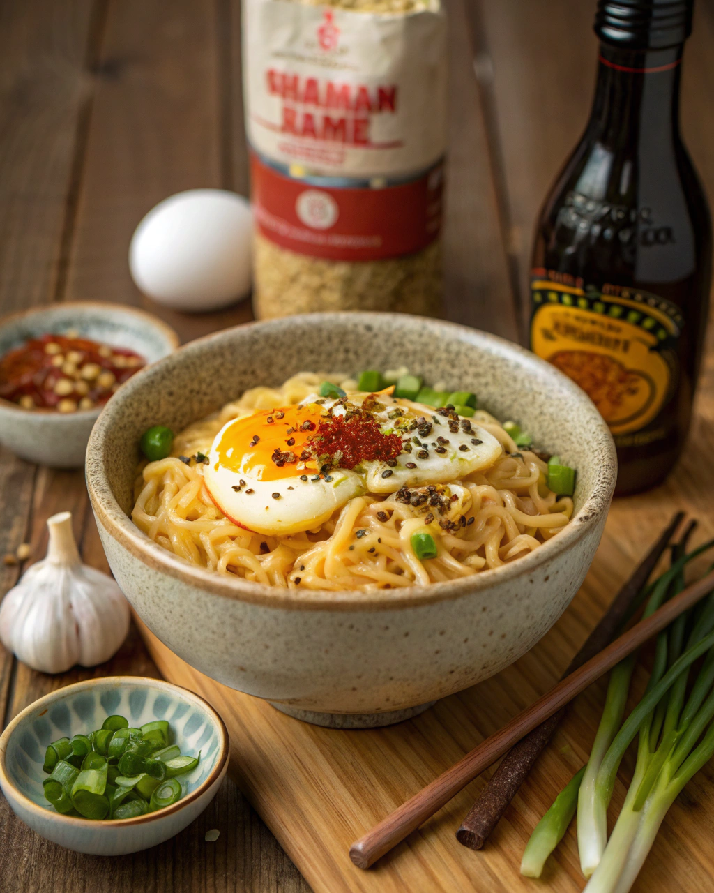 Ten Minute Mayo Ramen ingredients arranged on a wooden cutting board including instant ramen packet, egg yolk, mayonnaise jar, garlic clove, and colorful toppings