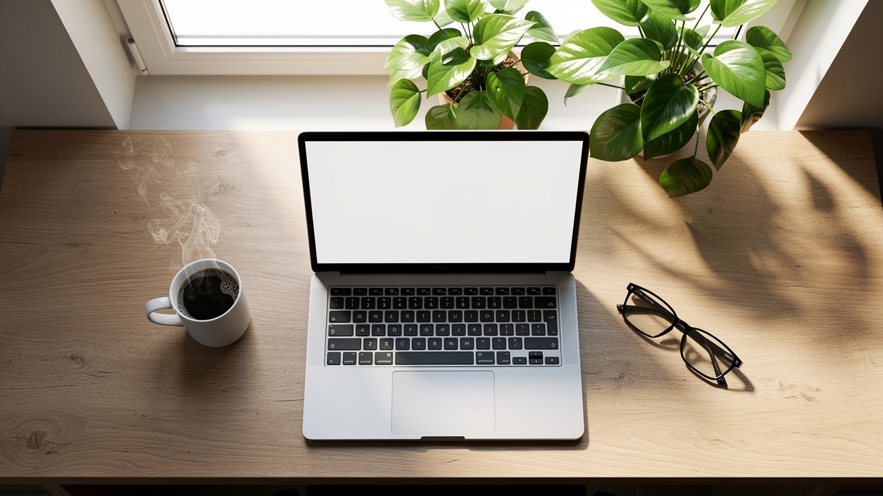 Clean desk workspace with laptop and coffee showing productive environment