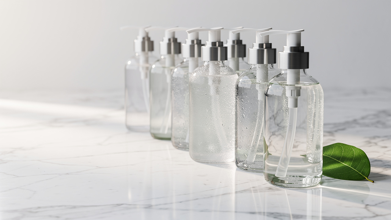 Various nasal spray bottles arranged on marble counter with natural light