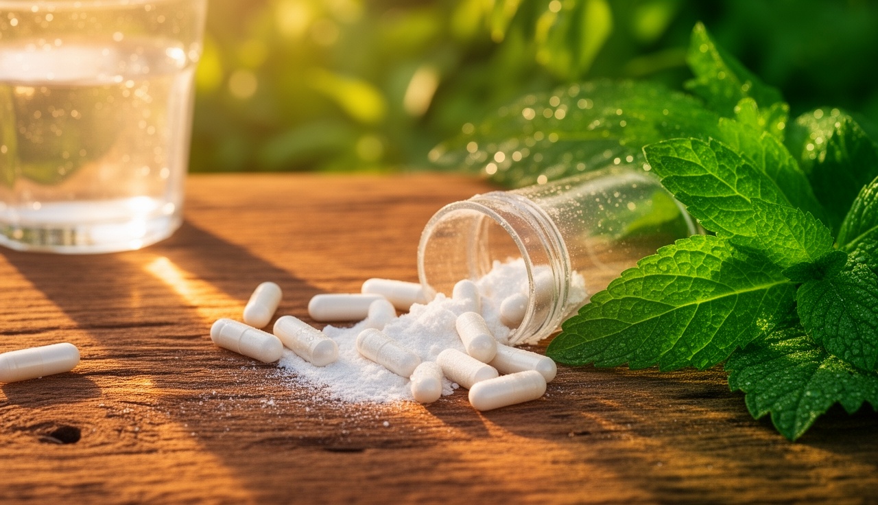 NMN supplement capsules and powder on wooden surface with natural elements