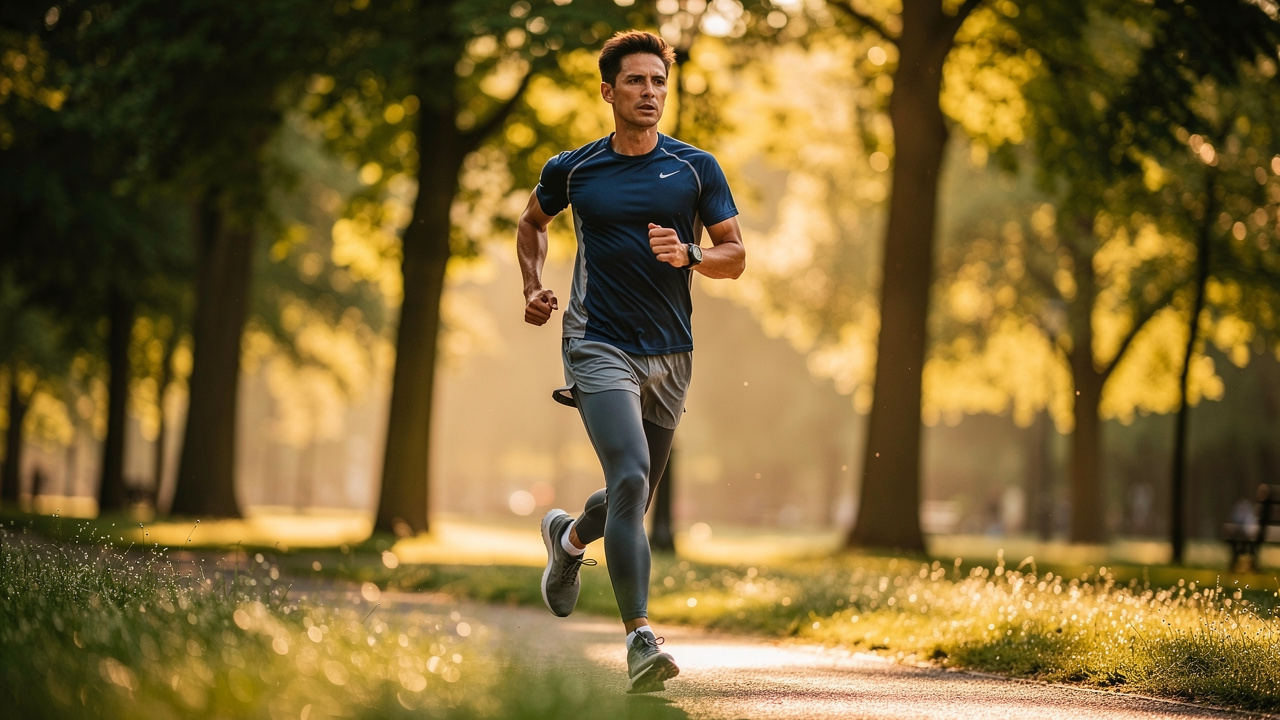Athletic person jogging in park during sunrise