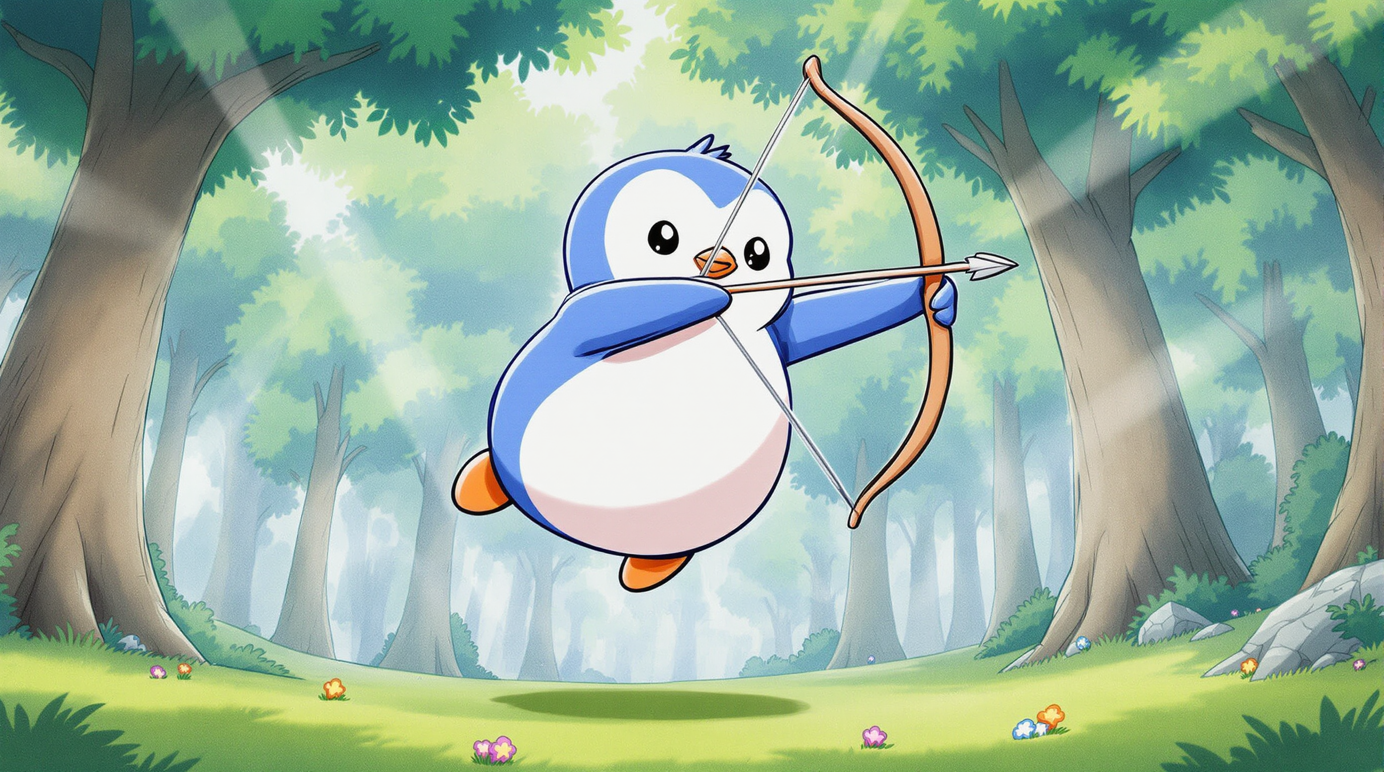 a pudgy penguin jumping in the air and shooting a bow and arrow directly at the viewer