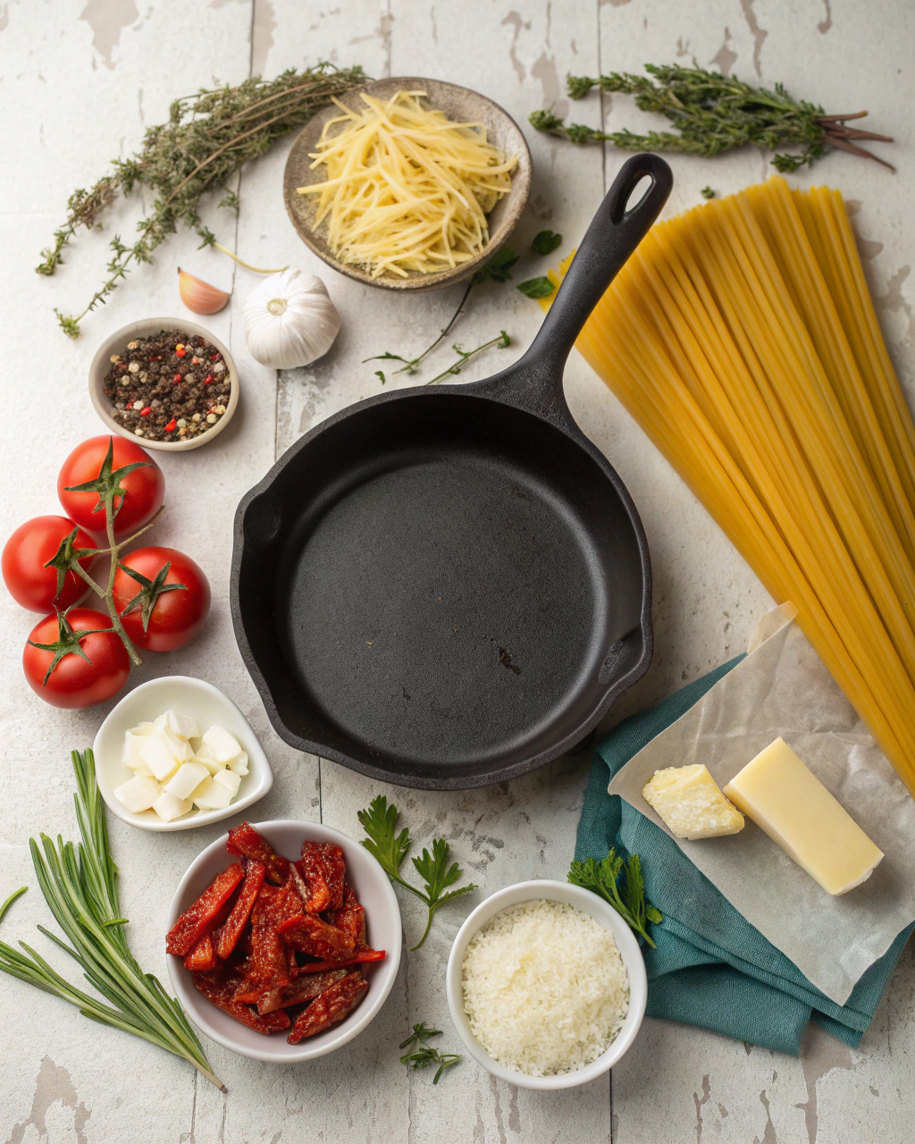 Ingredients for One Pot Creamy Sun Dried Tomato Pasta